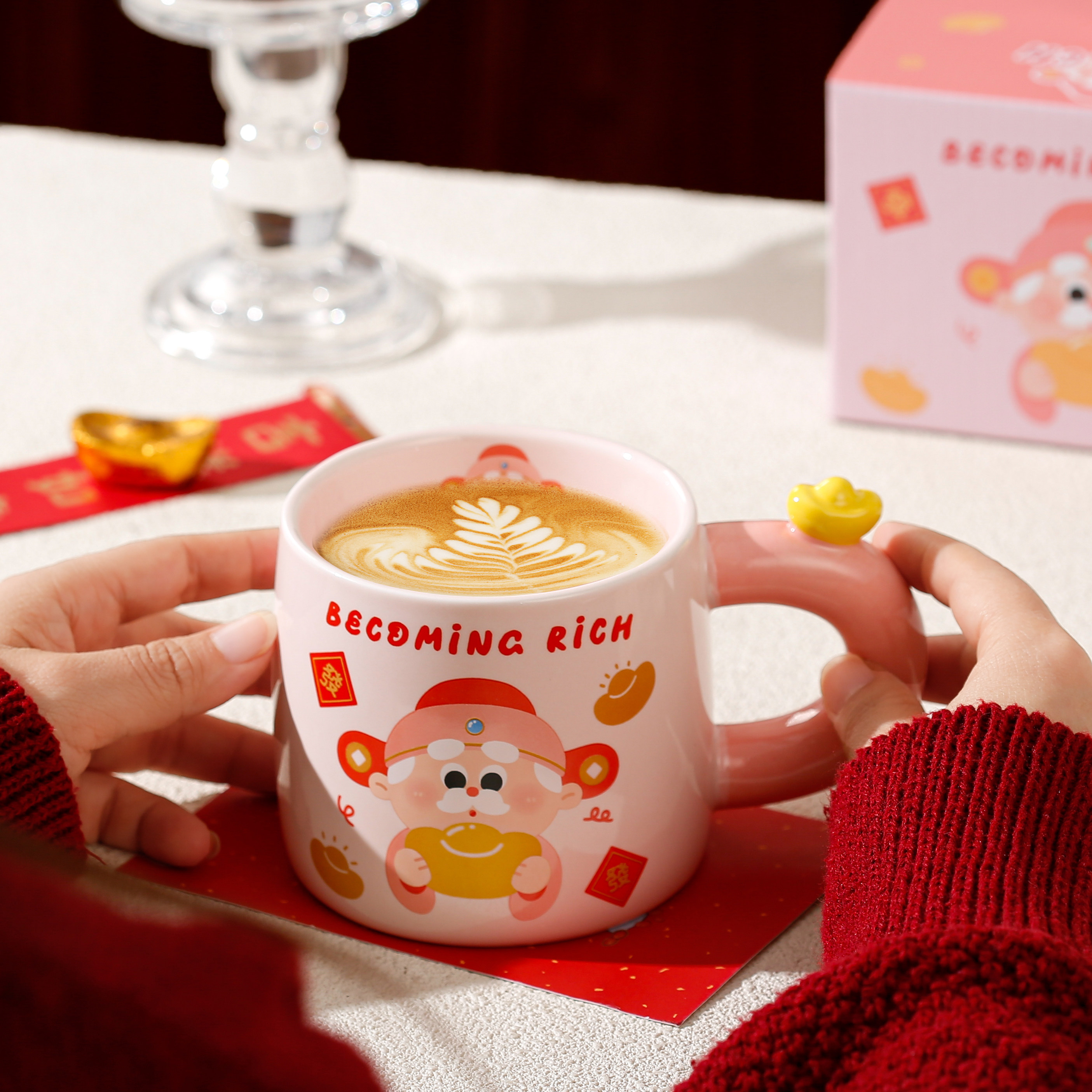 新年礼物陶瓷杯2026新款招财马克杯办公室喝水咖啡杯女生粉色水杯,淘宝优惠券,粉丝福利购,淘宝优惠卷