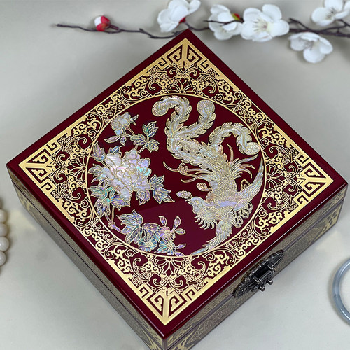 平遥非遗漆器首饰盒螺钿掐铜丝镶嵌鲍鱼贝壳中国风精致木质收纳盒 - 图0