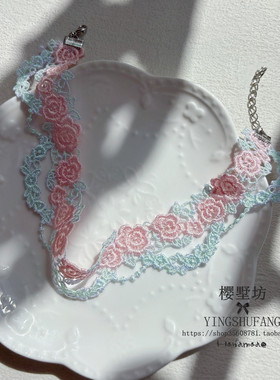 原创仙气粉绿蕾丝花朵Lolita项链