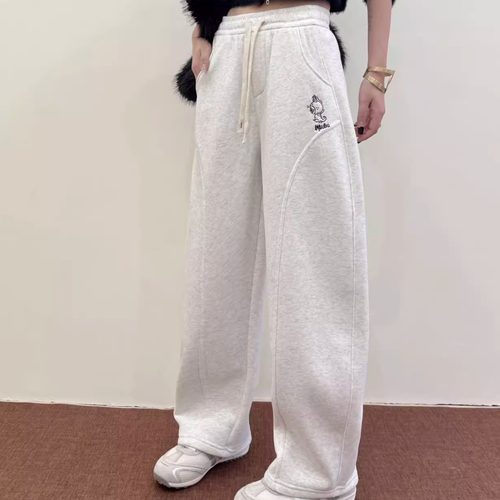 分割线显瘦窄版弯刀裤松紧腰卫裤加绒直筒阔腿裤女冬季宽松运动裤 - 图2