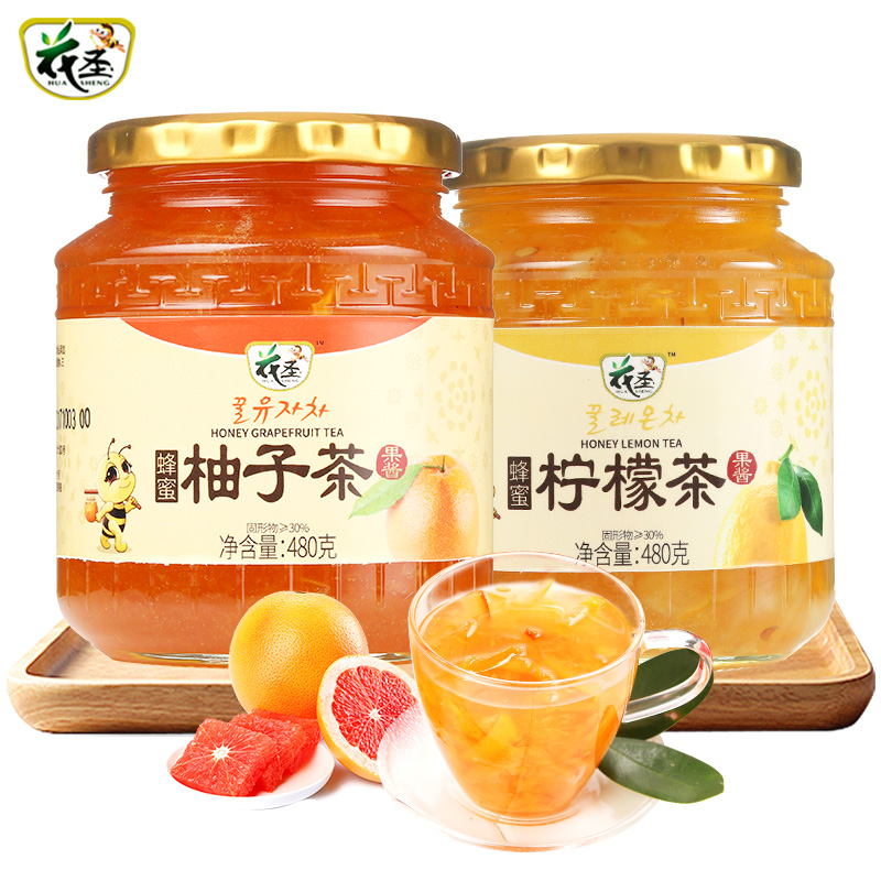 花圣食品旗舰店花圣蜂蜜柚子茶柠檬茶480g*2瓶 韩式风味冲泡水果茶酱泡水冲饮品0
