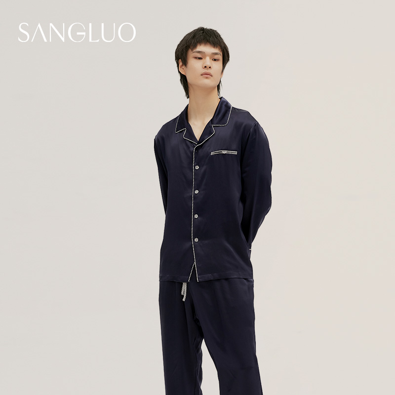 生日礼物』SANGLUO重磅真丝睡衣套装男士简约舒眠柔滑蚕丝家居服