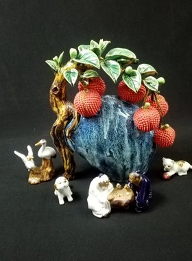 陶瓷工艺品摆件石湾公仔手工荔枝 六六大顺 家居新房客厅桌面摆设