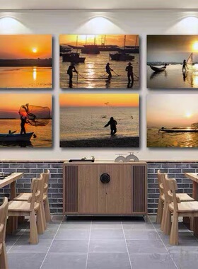 渔民捕鱼装饰画海鲜餐厅海边日落黄昏风景挂画饭店酒楼火锅店壁画