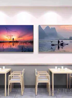 捕鱼图装饰画海鲜餐厅装饰画酒楼酒店挂画渔船渔民捕鱼风景壁画