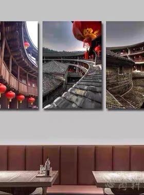 客家建筑屋檐围龙屋挂画客家文化农家乐饭店餐厅包厢墙面装饰画
