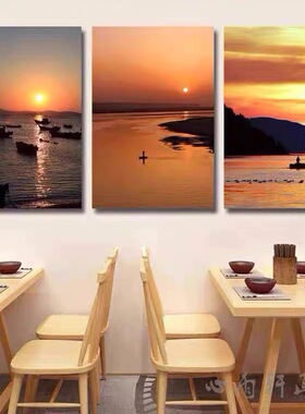 渔民捕鱼装饰画海鲜餐厅海边日落黄昏风景挂画饭店酒楼火锅店壁画