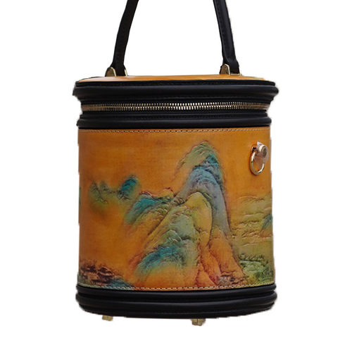 订制真皮雕刻包包女士高级感时尚水桶包圆筒包单肩圆桶包女 - 图3