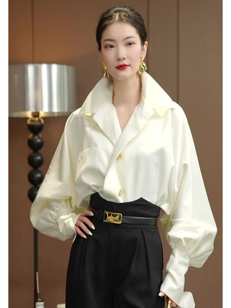 欧货气质高端缎面灯笼袖衬衣女装夏季新款洋气时髦气质上衣衬衫,淘宝优惠券,粉丝福利购,淘宝优惠卷