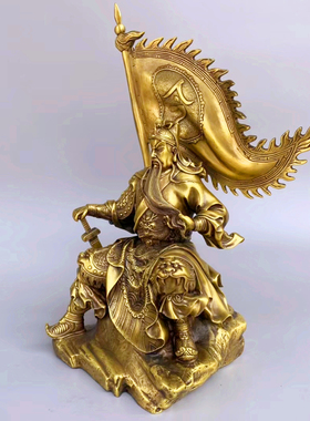 纯铜关公铜旗开得胜武财神关二爷像铜拿剑令旗坐关公办公室摆件