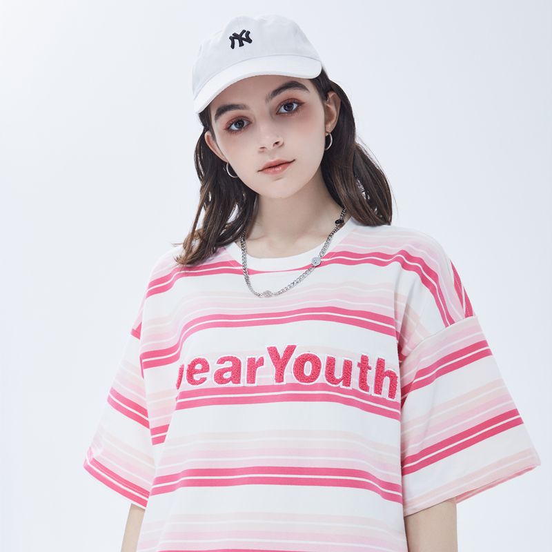 小二潮社SPEAR YOUTH绣花条纹短袖男女情侣款休闲ins宽松T恤潮牌