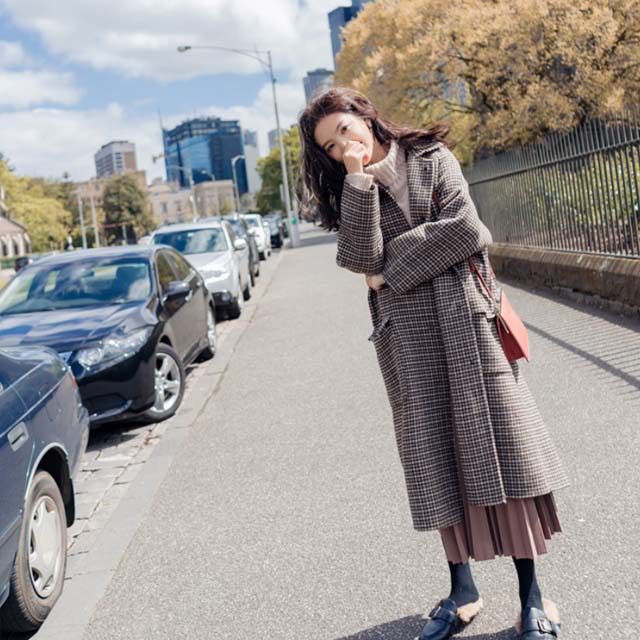 千鸟格毛呢外套女长款2019秋冬韩国宽松学院风格子呢子大衣现货