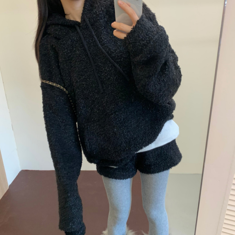 韩国东大门连帽羊羔毛加厚上衣套头卫衣女+百搭毛绒休闲短裤套装,淘宝优惠券,粉丝福利购,淘宝优惠卷