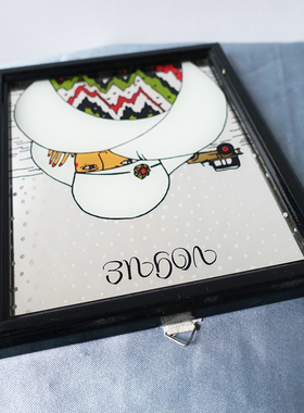 Vintage中古印花镜子木质边框