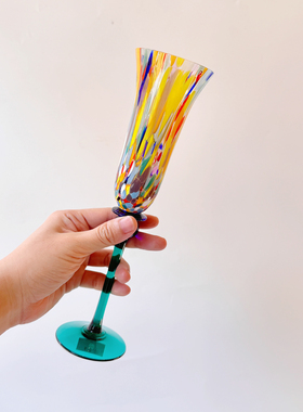 意大利穆拉诺色彩琉璃透明高脚玻璃杯酒杯艺术品收藏J