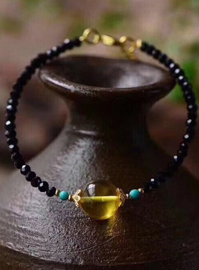 天然手链蜜蜡转运珠黑色尖晶石