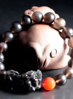 冰种黑曜石彩虹眼男女款貔貅手链