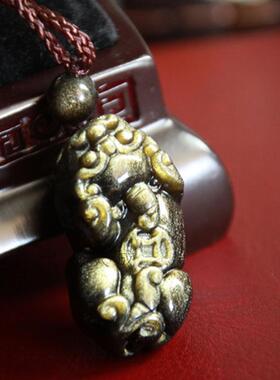 天然金曜石皮丘吊坠 金曜石貔貅吊坠 背古一钱貔貅挂坠项链