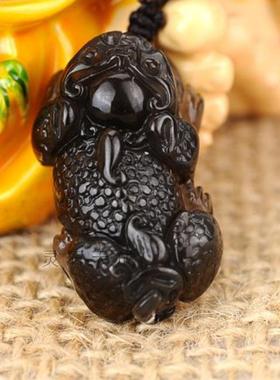 天然冰种黑曜石貔貅金蟾圆头吊坠