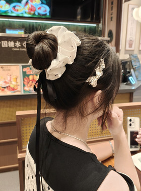 甜美百搭发饰女白色缎面波点丝带大肠发圈芭蕾风丸子头扎马尾头饰