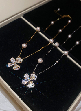 轻奢气质~18k真金电镀锆石简约精致优雅蝴蝶珍珠项链锁骨链颈链
