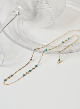 ins风~小众人造绿孔雀石穿珠项链钛钢锁骨链