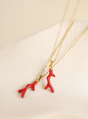 度假风~滴油海洋仿珊红色树枝吊坠钛钢镀金锁骨链项链颈链