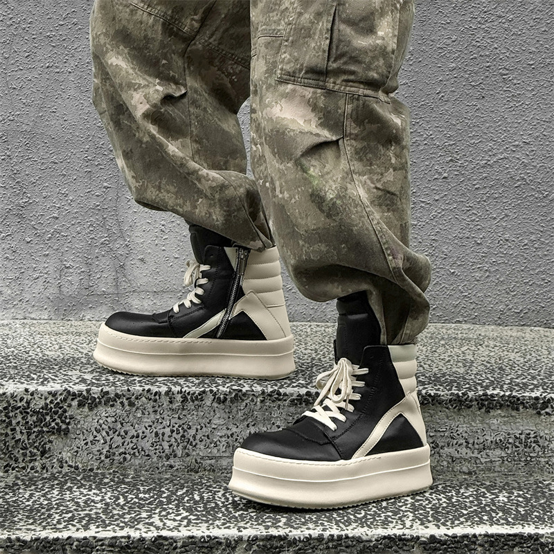 秋冬新款欧美潮流短靴高帮倒三角黑白个性厚底加厚增高男鞋潮 - 图2
