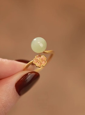 新中式花朵和田玉戒指女小众设计感复古高级感轻奢女式旺财食指环