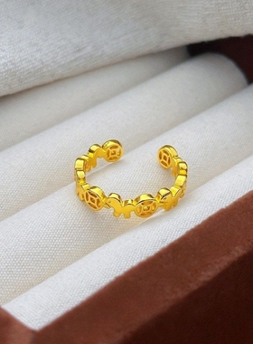 暴富马上有钱开口戒指女轻奢仿沙金黄金色铜钱小马钱币不掉色指环