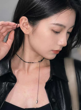 黑色锆石项链2026新款甜酷风极细锁骨链可抽拉轻奢小众颈链choker