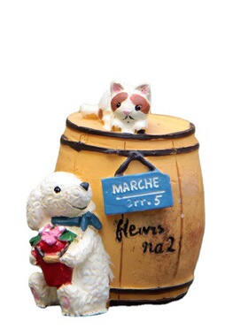 卡通创意立体树脂小狗酒桶猫咪园艺多肉花插插件居家装饰