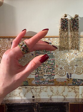 《克里姆特的生命之树》彩色碧玺方切非遗手工编织金边流苏耳环