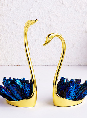 天然水晶黑碧玺原石天鹅摆件电镀蓝羽毛合金天鹅家居客厅酒柜摆件