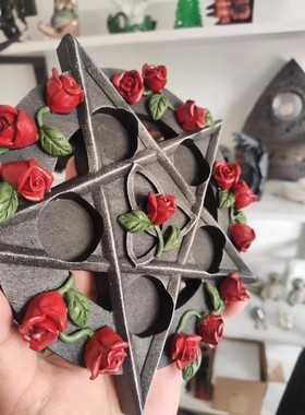 复古烛台摆件五芒星烛台塔罗装饰品五芒星烛盘茶烛底座树脂工艺品