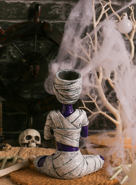 创意新品万圣节紫色木乃伊桌面摆件鬼节打坐骷髅人树脂装饰工艺品