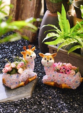 户外花园树脂工艺品摆件仿真动物小鹿花盆装饰家居庭院种花器皿