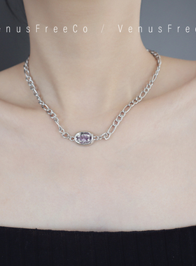 小众设计紫色宝石加粗链条爱心异形闪钻短锁骨链叠戴项链y2k少女