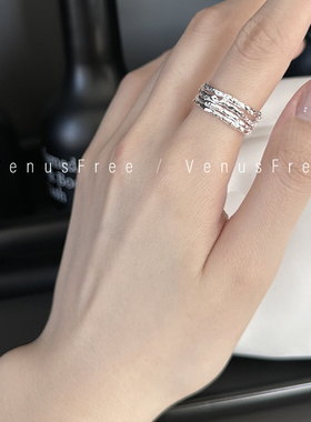 纹理感爆闪!韩国925纯银多层设计宽面质感锡纸戒指开口精致单叠戴