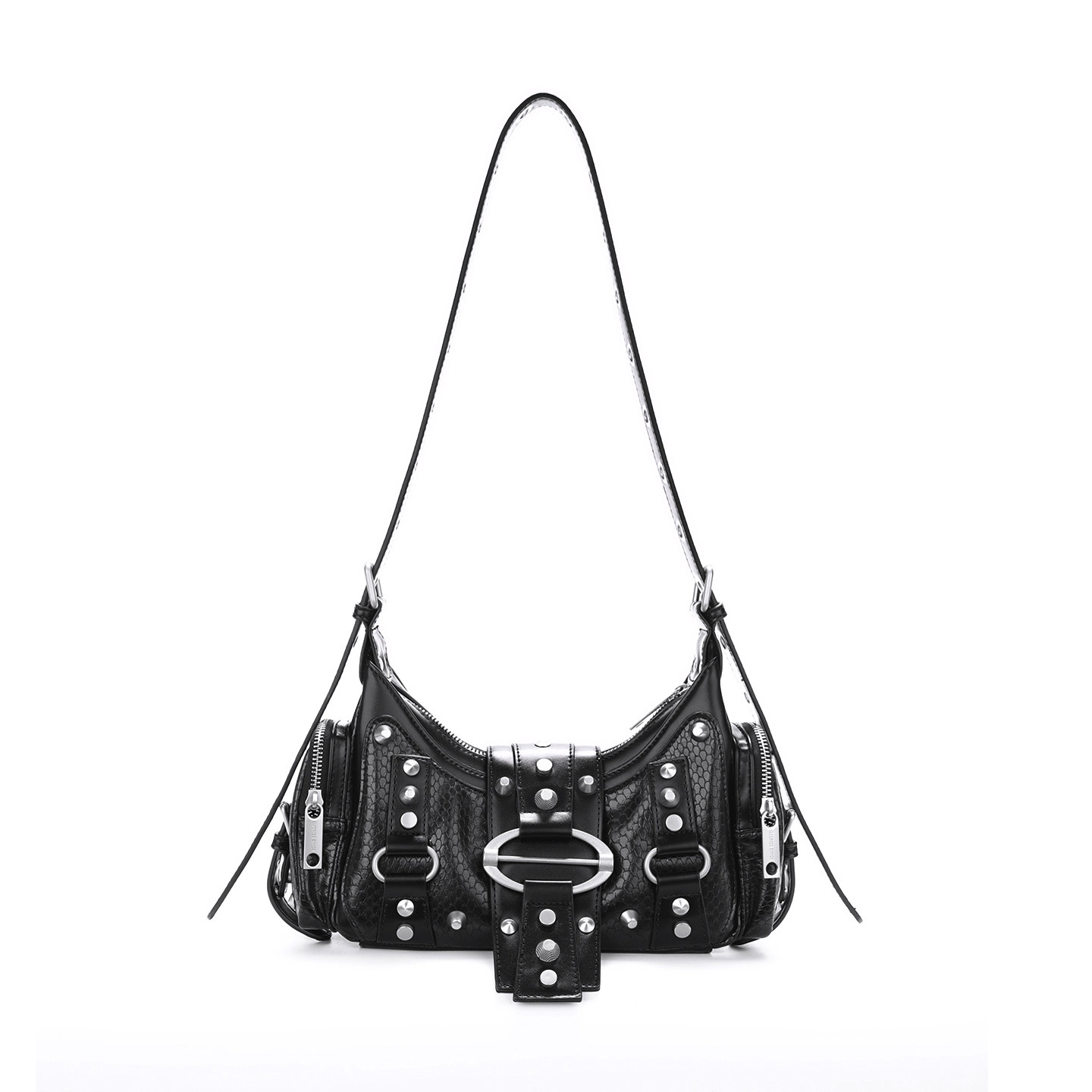 简着25AW新品 原创 黑色蛇皮纹铆钉辣妹单肩腋下包 斜挎2用机车包,淘宝优惠券,粉丝福利购,淘宝优惠卷