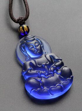 玉佩观音佛像 吊坠 琉璃挂件深蓝色毛衣链平安挂件项链送妈妈礼物