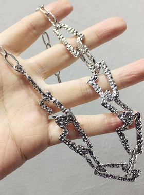 欧美夸张个性潮人简约凹凸不平金属银色长方形项链锁骨链颈链饰品
