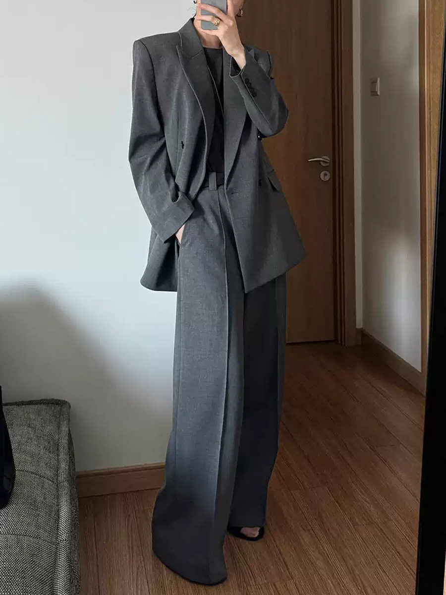 大码胖MM春秋新灰色时尚西装外套直筒裤子职业宽松西服两件套装女,淘宝优惠券,粉丝福利购,淘宝优惠卷