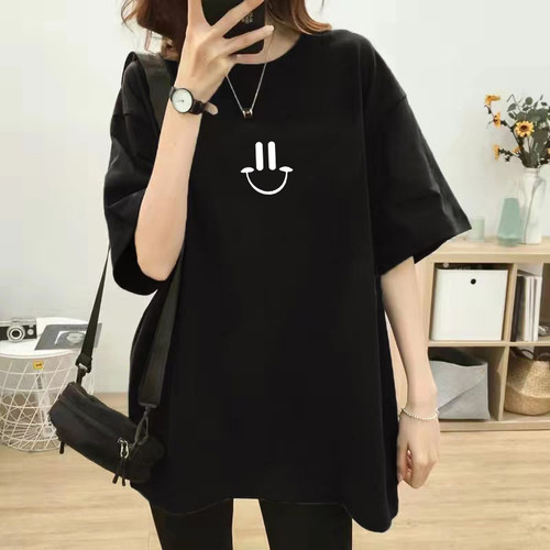 短袖t恤女宽松夏季洋气减龄bf慵懒风大码中长款港味chic半袖上衣 - 图3