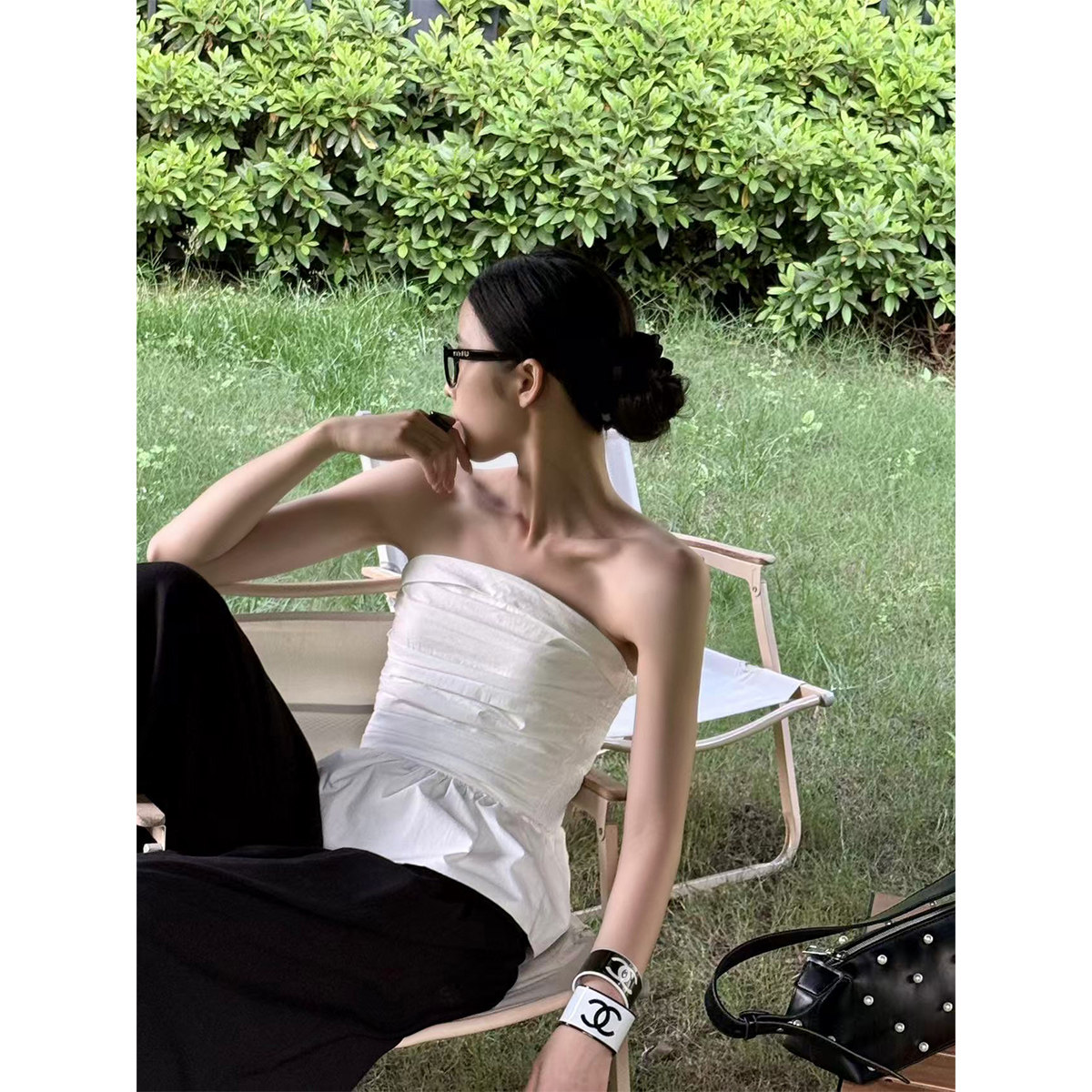 PAPERLLL辛间 法式ins 法式时尚褶皱拼接花苞一字肩抹胸上衣女夏,淘宝优惠券,粉丝福利购,淘宝优惠卷