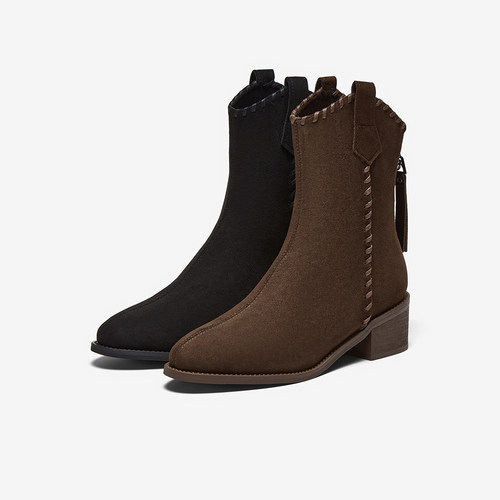 百思图2025冬商场新款V口绒面短靴粗跟女加绒短筒骑士靴F3015DZ5 - 图3