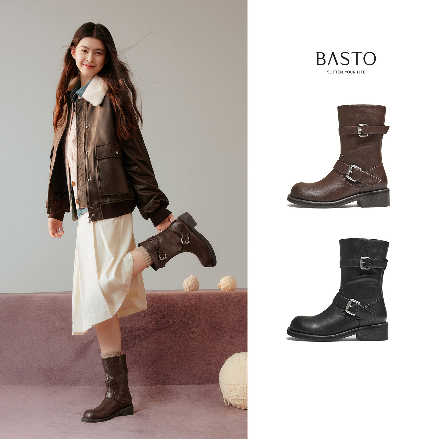 百思图2025冬季新款潮酷通勤扣带圆头粗跟短靴棕色女靴B8606DZ5 - 图3