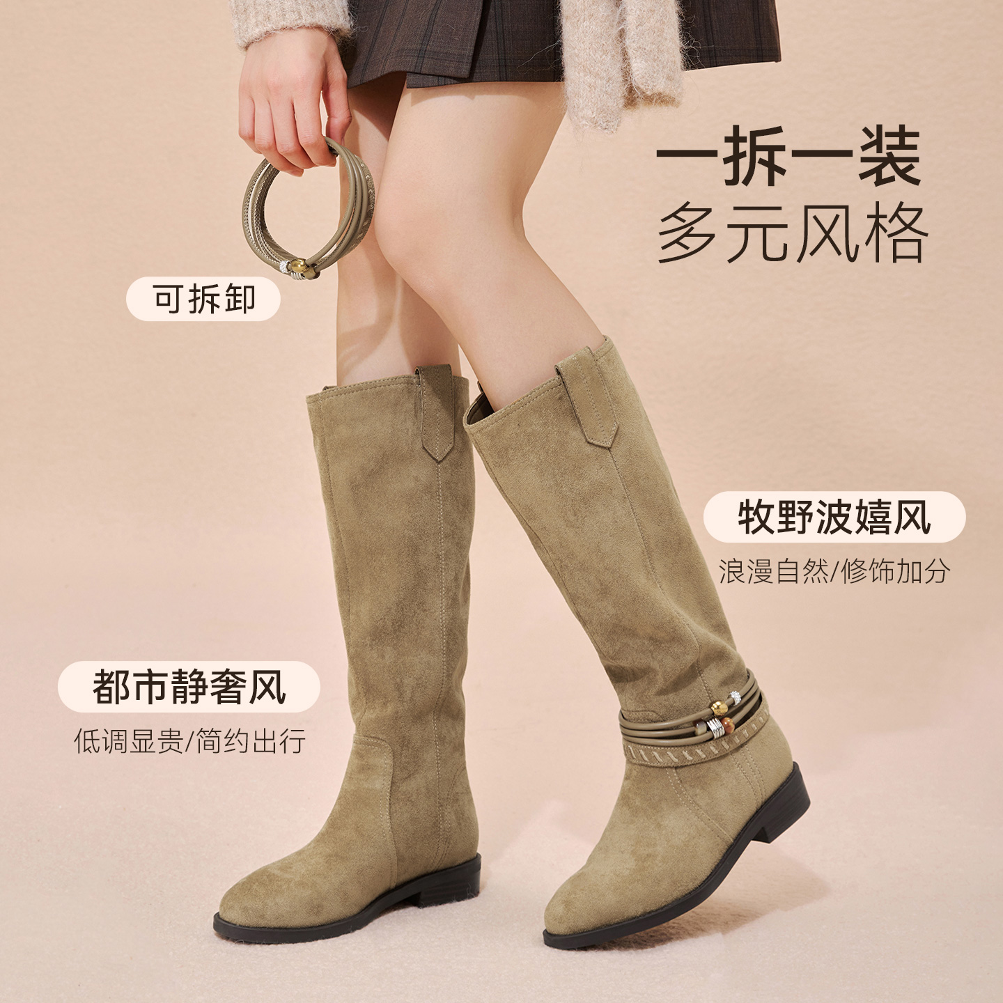 百思图2025冬新款堆堆靴西部靴大筒围复古女加绒高筒长靴W5862DG5 - 图2