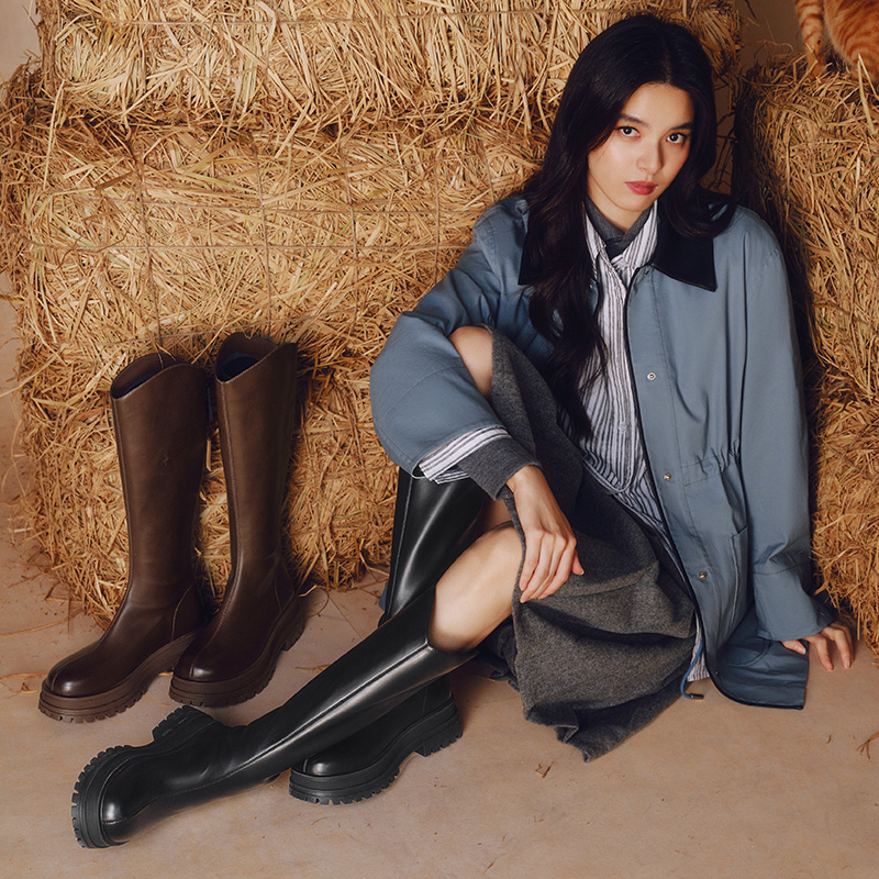 百思图末路狂花冬商场新款加绒V口显瘦骑士靴女长筒靴M5301DG4Z - 图1