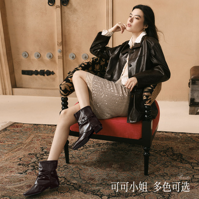 【陈乔恩同款】百思图可可小姐26秋冬新款粗跟裤管靴女短靴皮靴